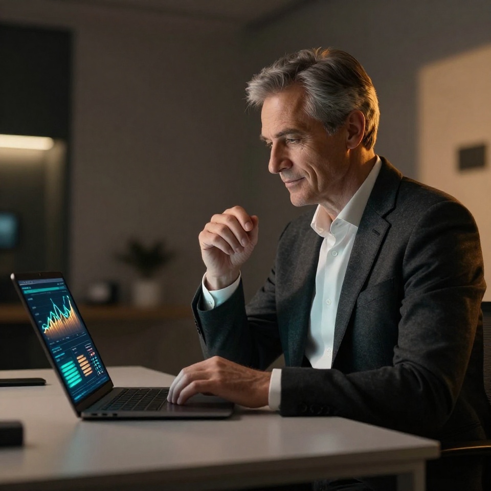 Уверенный мужчина анализирует рост трафика на экране ноутбука в современном офисе