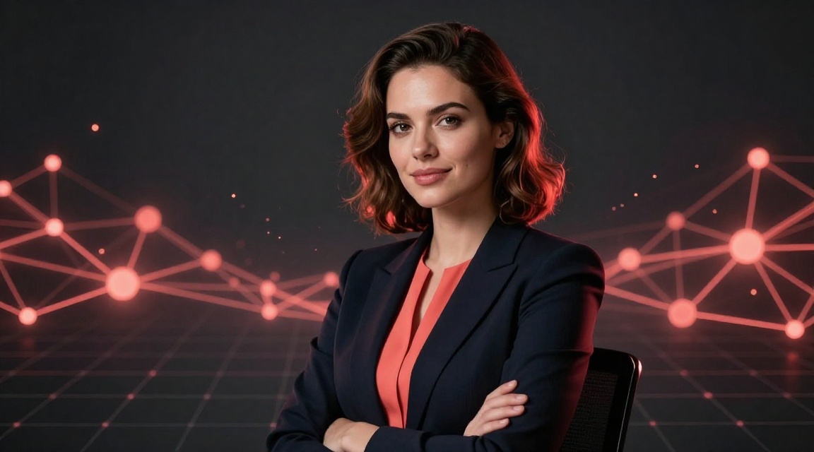 Уверенная профессиональная женщина на фоне абстрактной визуализации сети Tron — символ успешной аренды energy и экономии на комиссиях USDT TRC-20