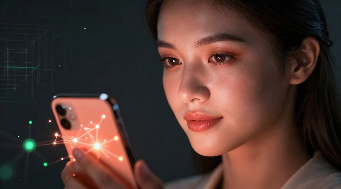 Макро-портрет уверенной женщины со смартфоном, отображающим абстрактную визуализацию сети Tron и энергетических нодов, символизирующих аренду energy и оптимизацию комиссий